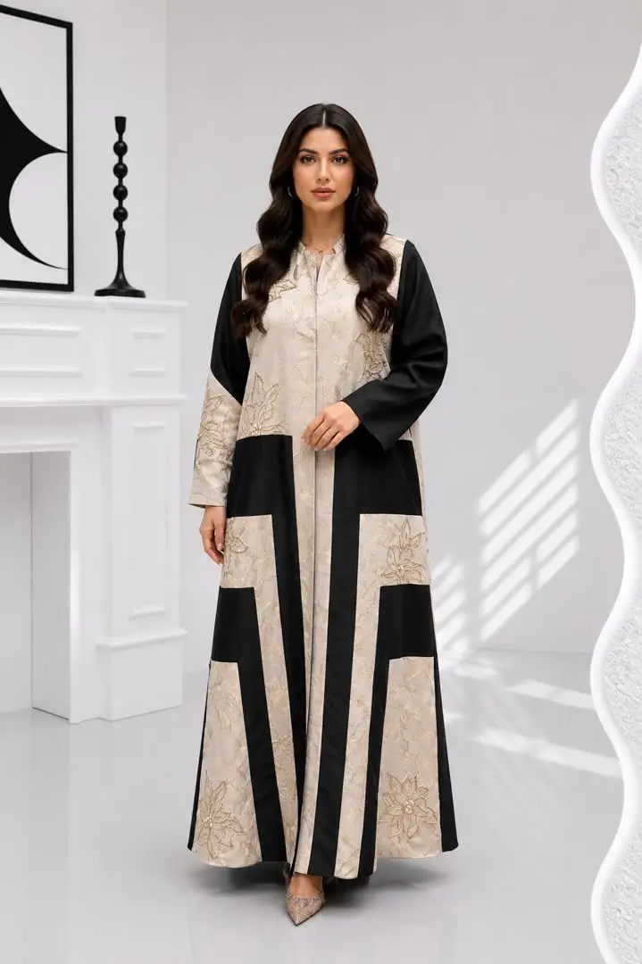 Women's Satin-Jacquard Abaya with Hand-Beading- Model MA 028